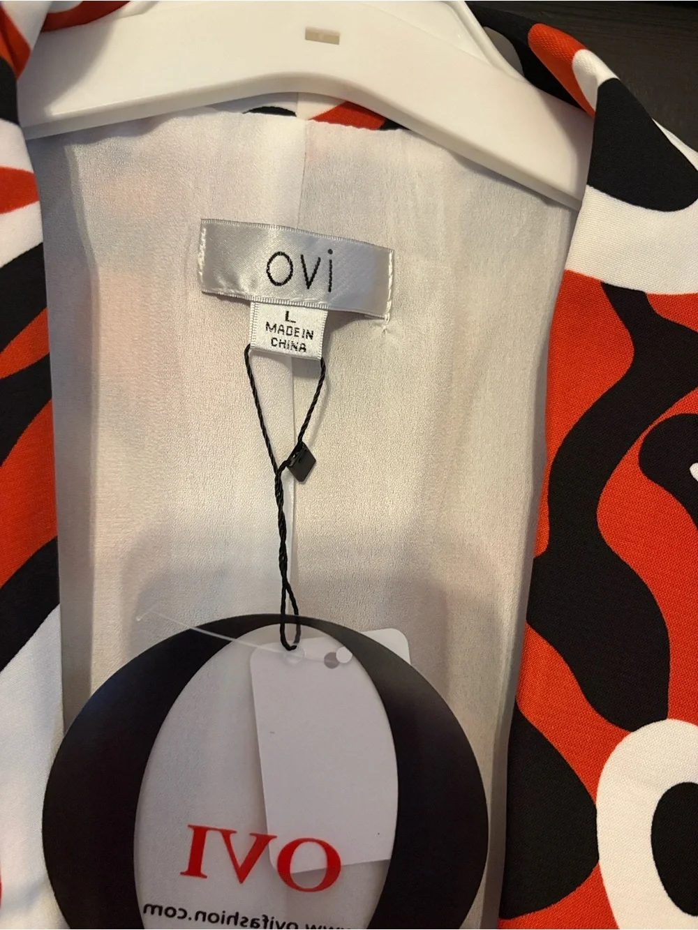 Ovi Open-Front Blazer in Red, Black & White Abstract Print